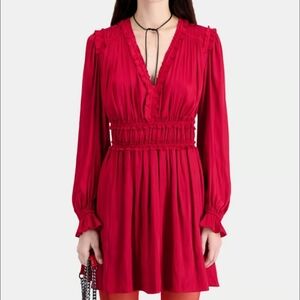 The Kooples NEW Red Ruffle V Neck Long Sleeve Smocked Waist Midi Dress FR 1/US S